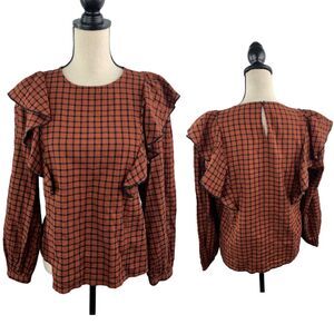 Madewell Cottagecore Blouse Top sz S Terracotta Gingham Checkered Ruffled Flowy